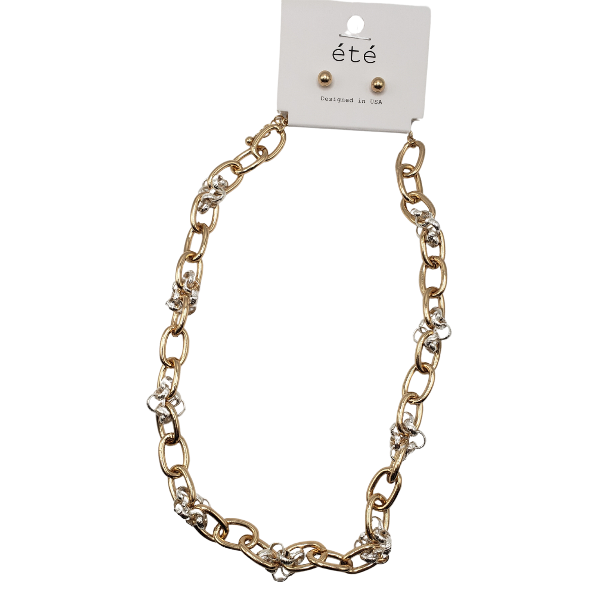 The SPECIAL EFFECTS Oval Chain 18-inch Necklace features a chunky gold-tone chain with elegant silver accents, complemented by matching stud earrings on a display card.