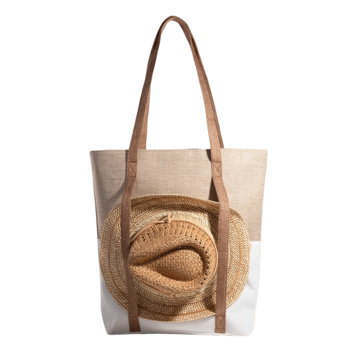 The FASHION GO Large Canvas Tote Bag / Hat Carrier features a two-tone design with a straw sun hat secured to the front of a beige and white canvas tote, complete with long brown handles.