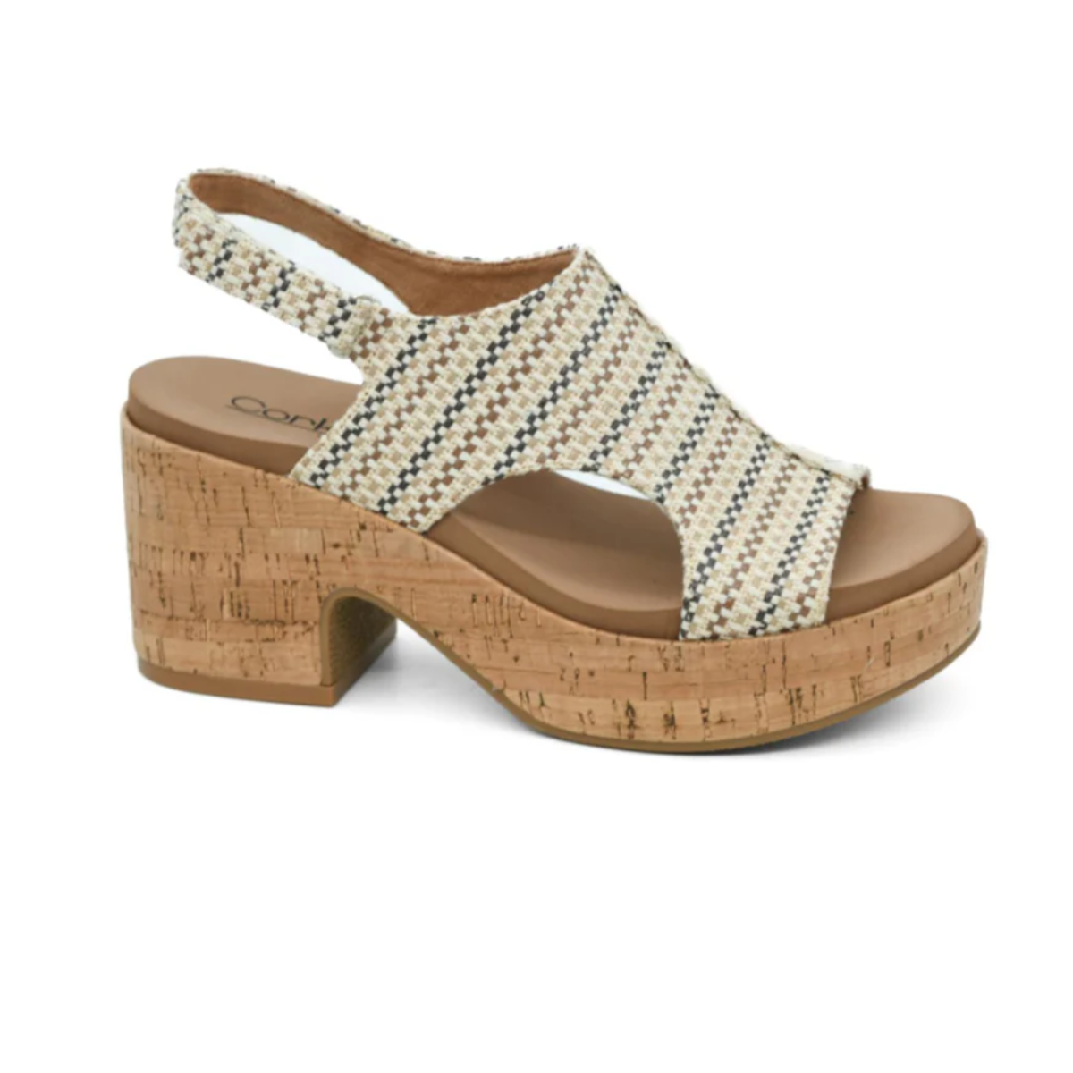 The Miss Carley Wedge Heel in Tan Multi by CORKY'S FOOTWEAR INC features a chunky cork block heel, an open-toe design, and a comfortable slingback strap, making it perfect for all-day wear.