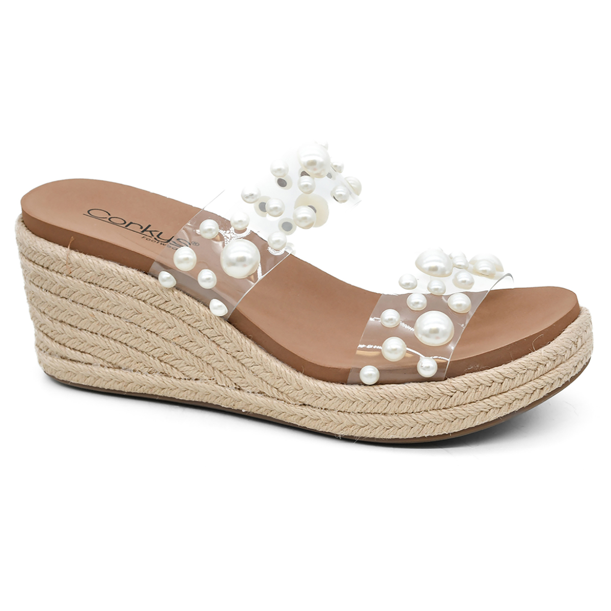 Discover the She's Here Wedge Sandal in Clear by Corky's, featuring a braided jute sole with clear straps embellished with white pearls. Experience ultimate comfort with a brown footbed and Memory Foam EVA insoles.