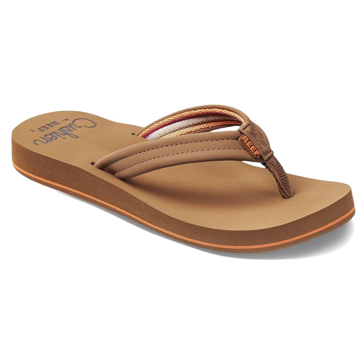 The Cushion Breeze Flip Flop in Tan by REEF is a brown sandal featuring a cushioned sole, striped fabric thong strap, and subtle orange accents for a laid-back vibe. Main image