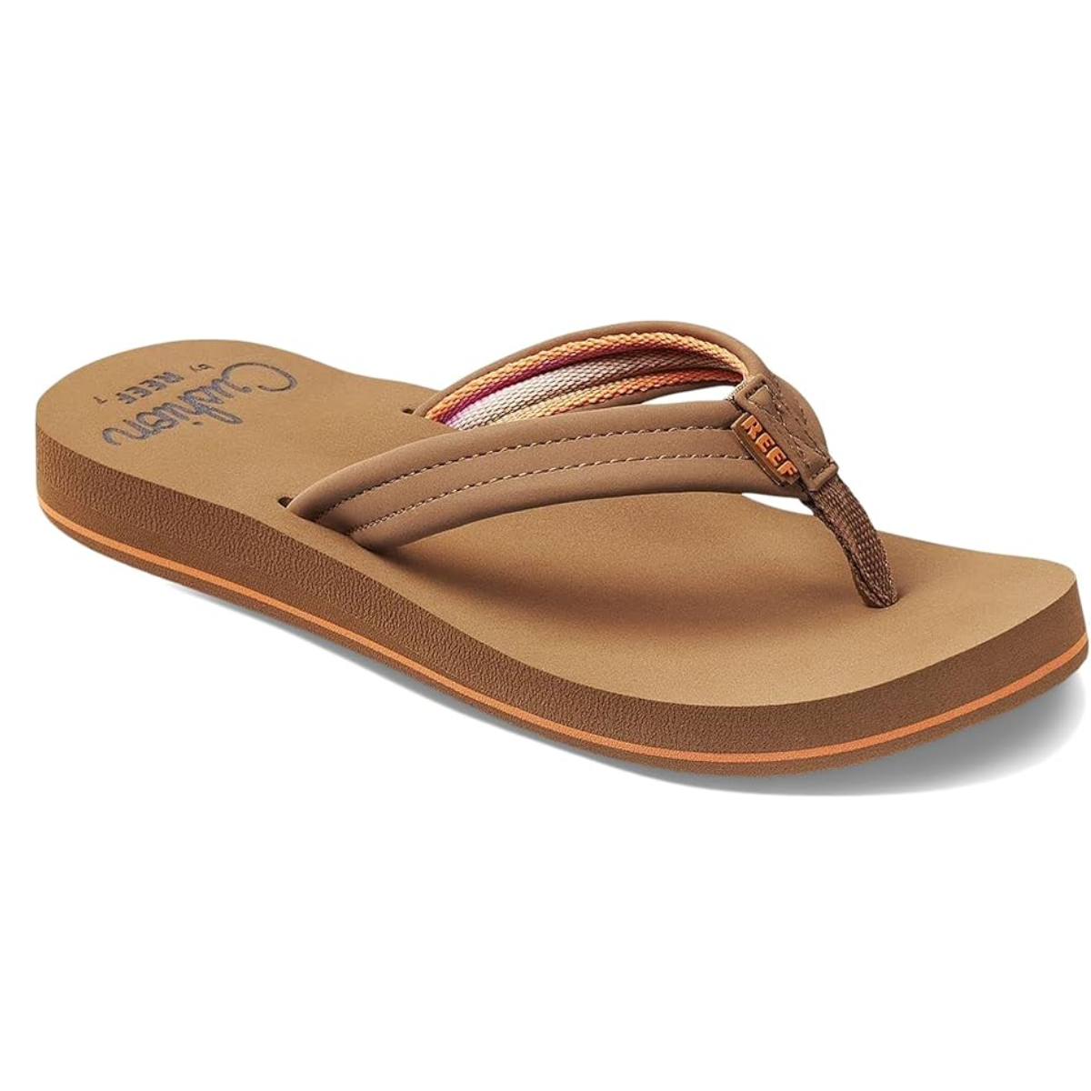 The Cushion Breeze Flip Flop in Tan by REEF is a brown sandal featuring a cushioned sole, striped fabric thong strap, and subtle orange accents for a laid-back vibe.