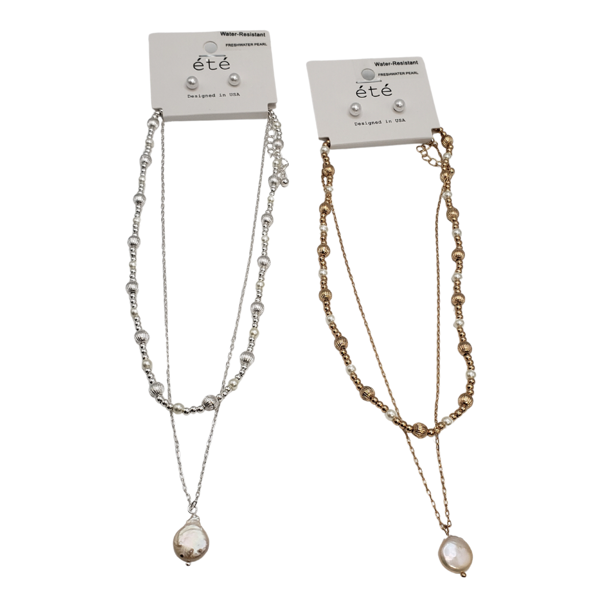 The SPECIAL EFFECTS set features a silver and gold chain necklace with teardrop pendants on white backing cards labeled "été," "Water Resistant," and "Designed in USA," perfectly complemented by pearl stud earrings for a complete look. Main image