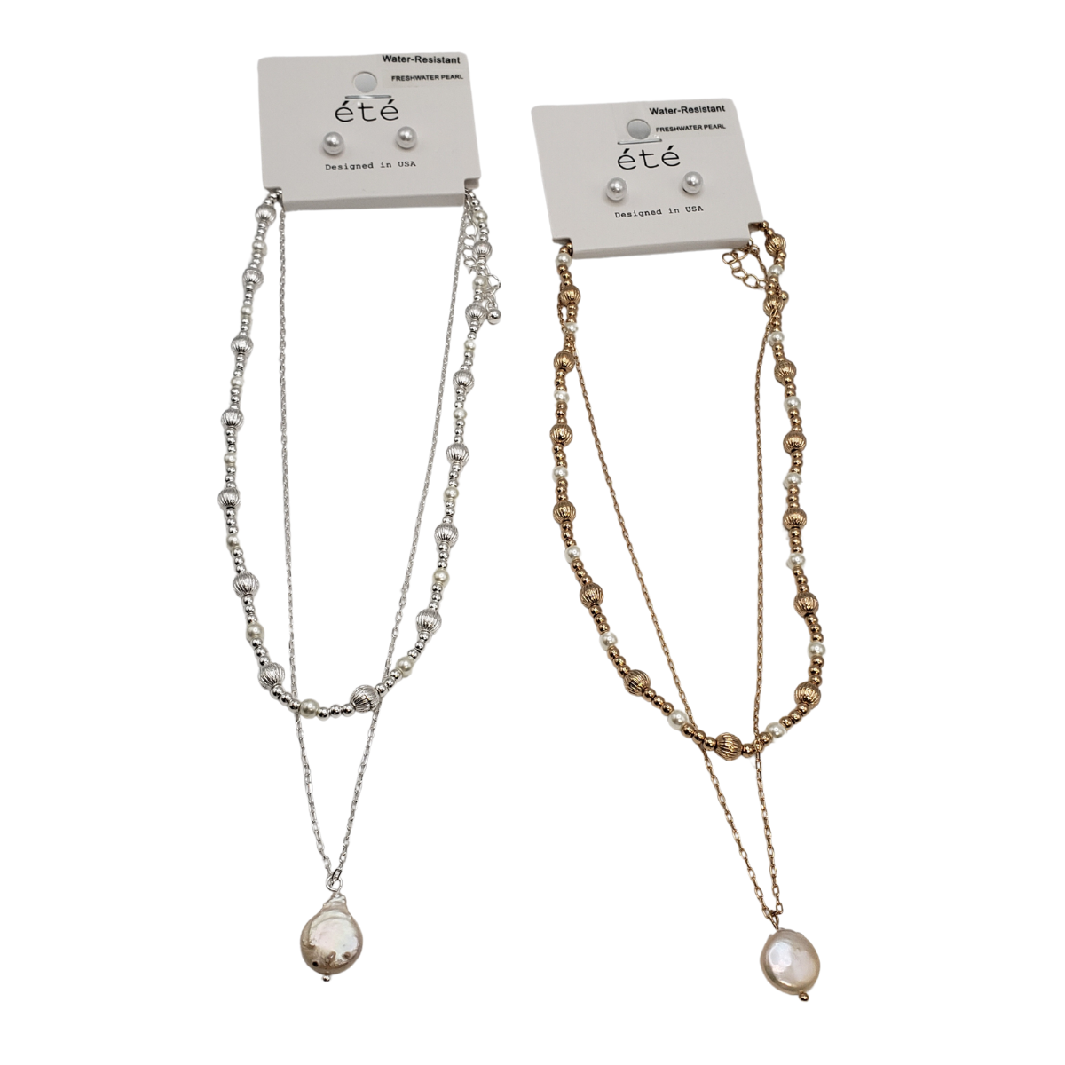 The SPECIAL EFFECTS set features a silver and gold chain necklace with teardrop pendants on white backing cards labeled "été," "Water Resistant," and "Designed in USA," perfectly complemented by pearl stud earrings for a complete look.