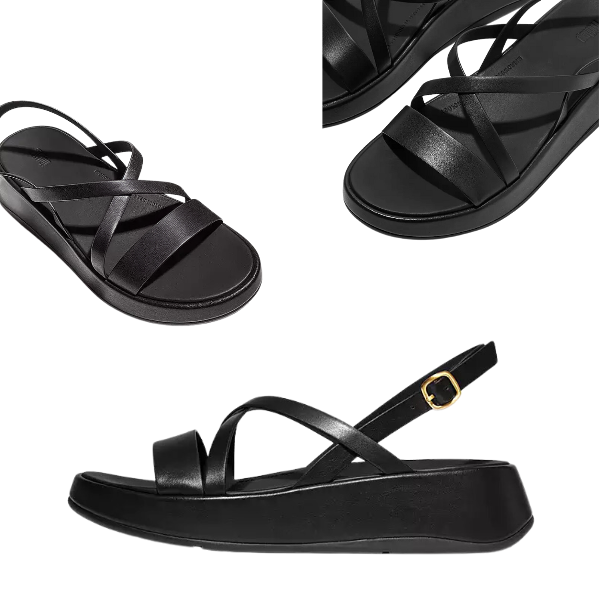 The F-Mode Leather Flatform Strappy Back Strap Sandal by FITFLOP USA LLC features black leather crisscross straps, a flat sole, and an adjustable ankle strap with a chic gold buckle. These ergonomic sandals provide both comfort and style from every perspective.