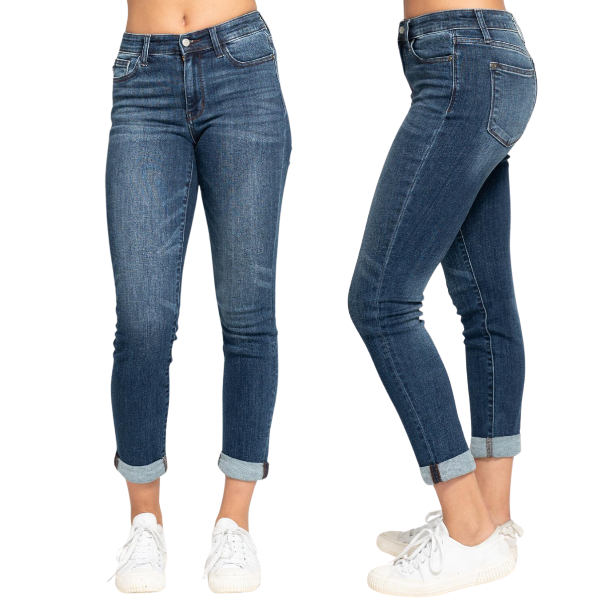 Two views of a person wearing Judy Blue's Cuffed Slim Fit jeans in a vintage wash, paired with stylish white sneakers, shown from the front and side.