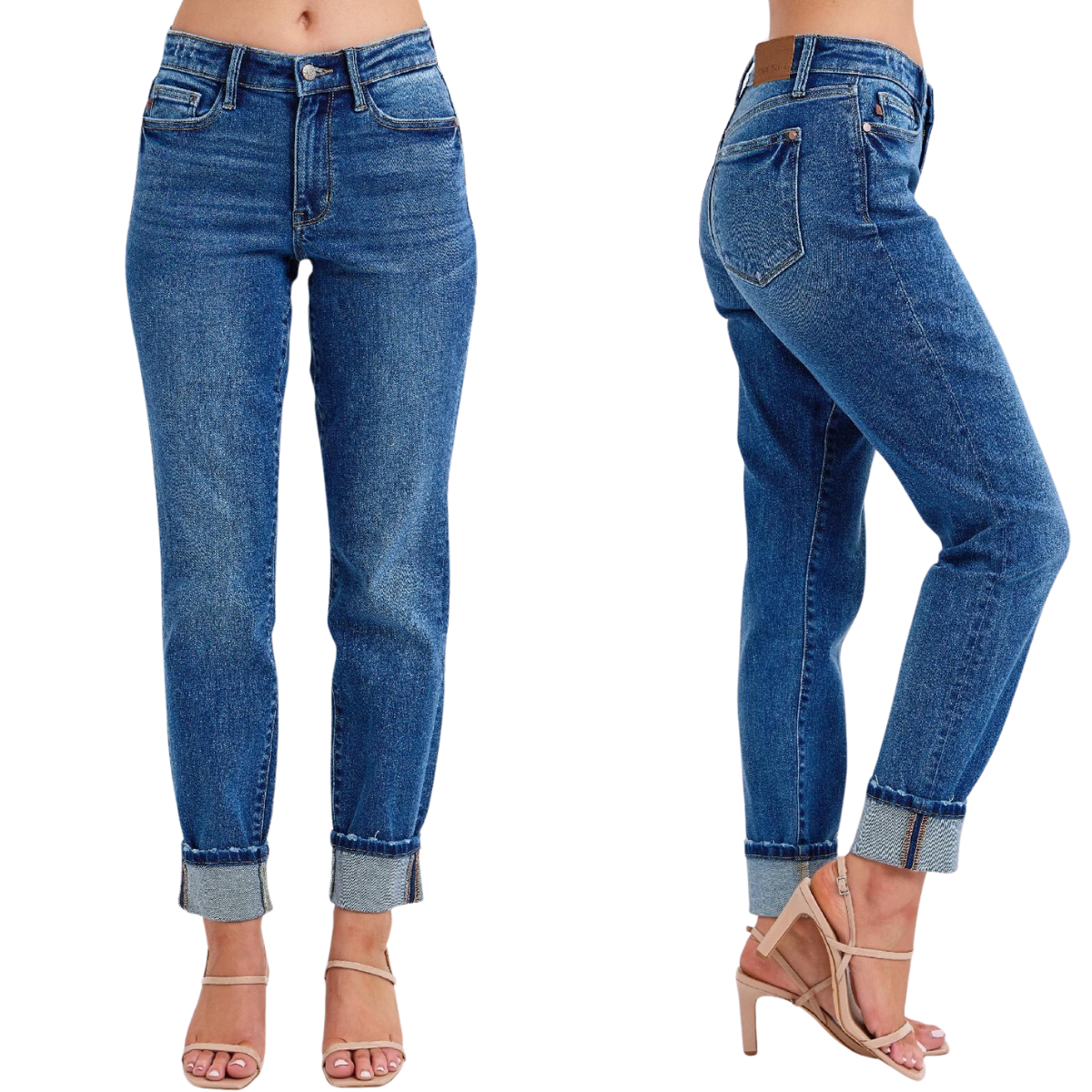 Front and side view of a person wearing Judy Blue Mid Rise Jeans in vintage wash, boyfriend style with cuff, paired with beige high-heeled sandals.