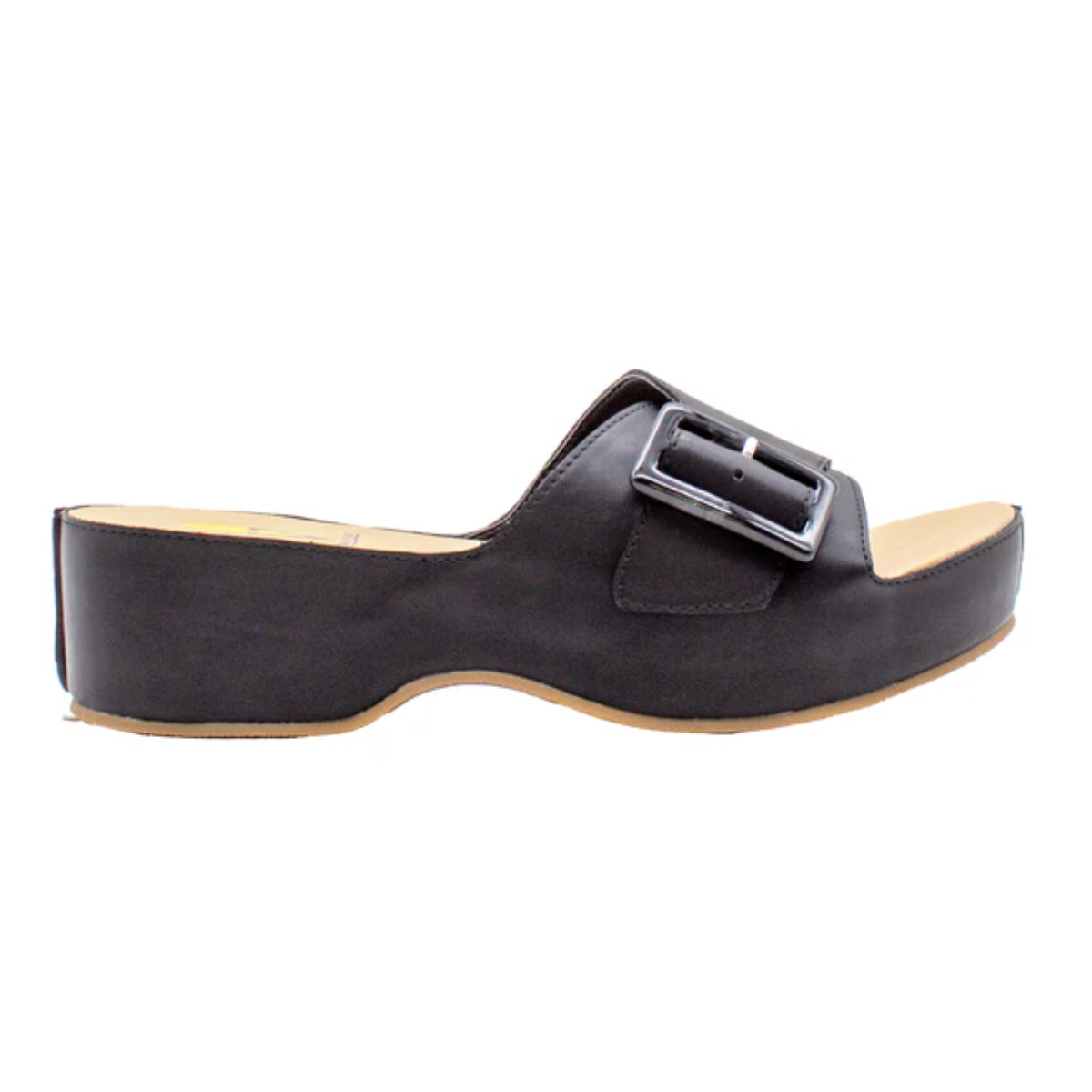 The Bertha Slide Sandal in Black by Volatile from PV Footwear is shown side-on against a white background, featuring a thick sole and an upper strap with a large tortoise shell buckle. Main image