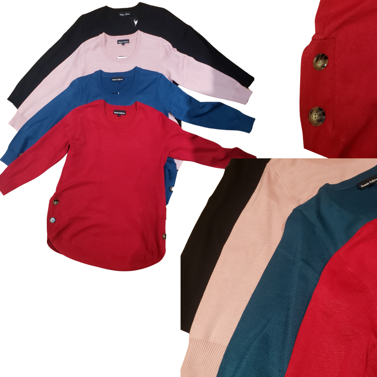 Five Long Sleeve Scoop Side Sweaters by Ronnie Salloway & Co Inc in red, blue, pink, and black are layered on top of each other. The red sweater showcases button accents on the side for a flattering silhouette.