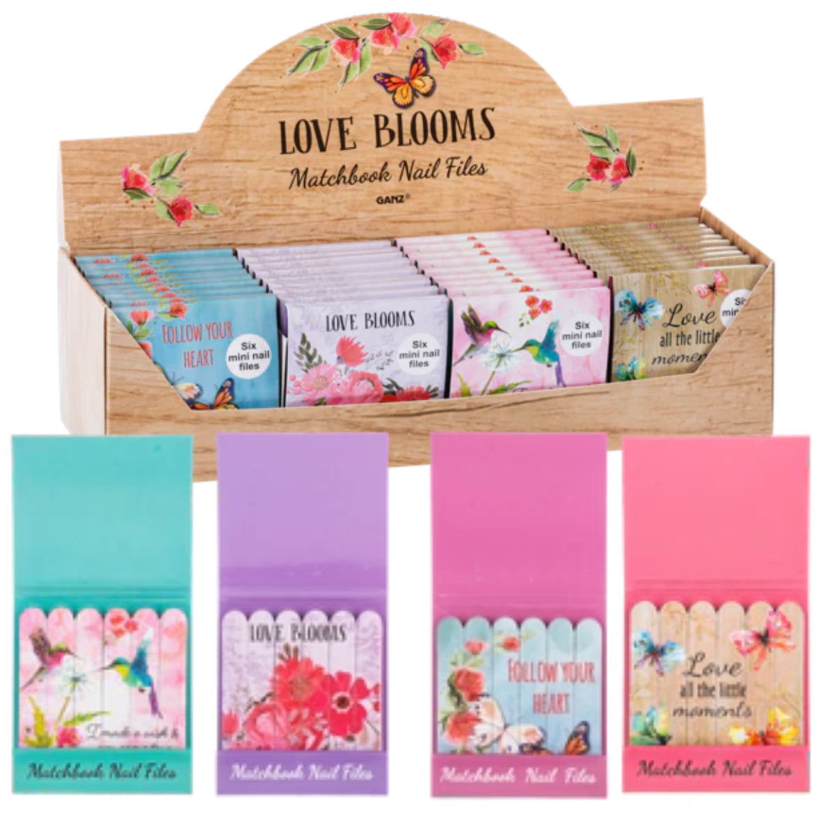 Showcase of GIFTCRAFT MATCHBOOK NAIL FILE ASSORTED featuring vibrant floral and motivational designs. Main image