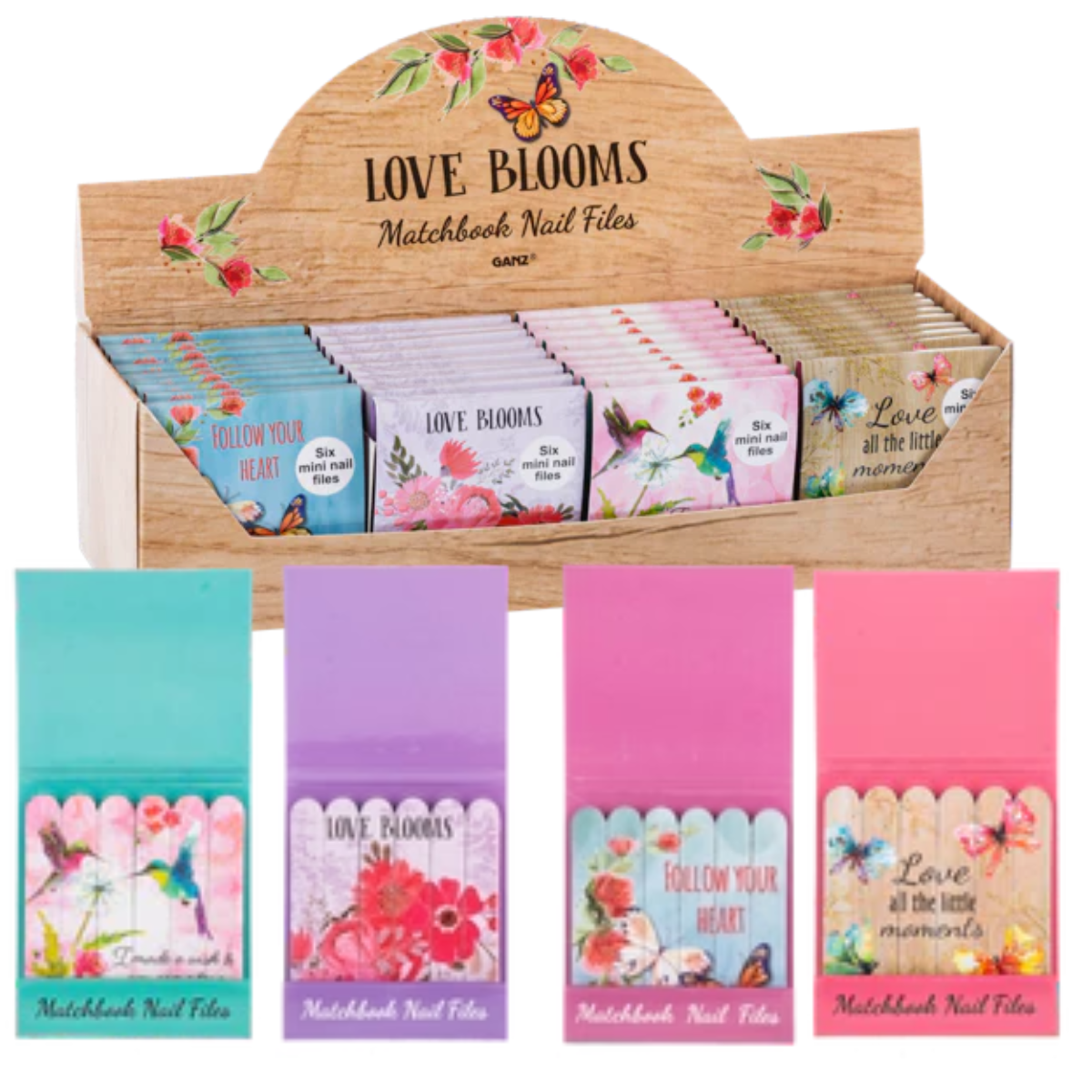 Showcase of GIFTCRAFT MATCHBOOK NAIL FILE ASSORTED featuring vibrant floral and motivational designs.