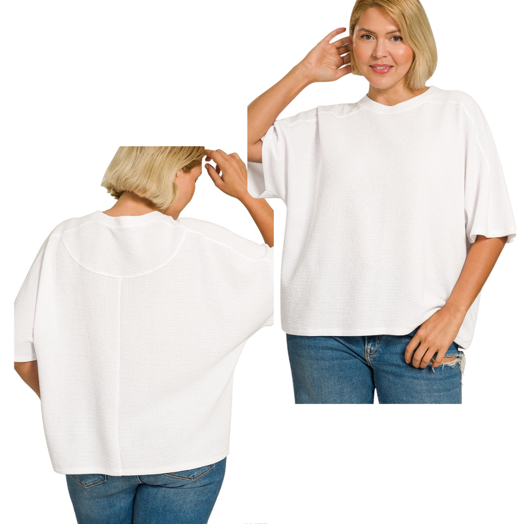 Woman wearing a Zenana Double Knit Short Sleeve Top Plus Sizes in white with blue jeans, shown from both front and back views.