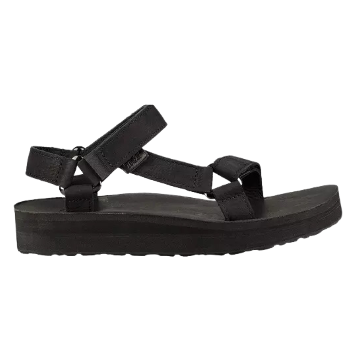 The TEVA MIDFORM UNIVERSAL BLACK by TEVA is a black platform sandal with adjustable recycled polyester straps and a thick, textured sole, shown in side profile. Main image