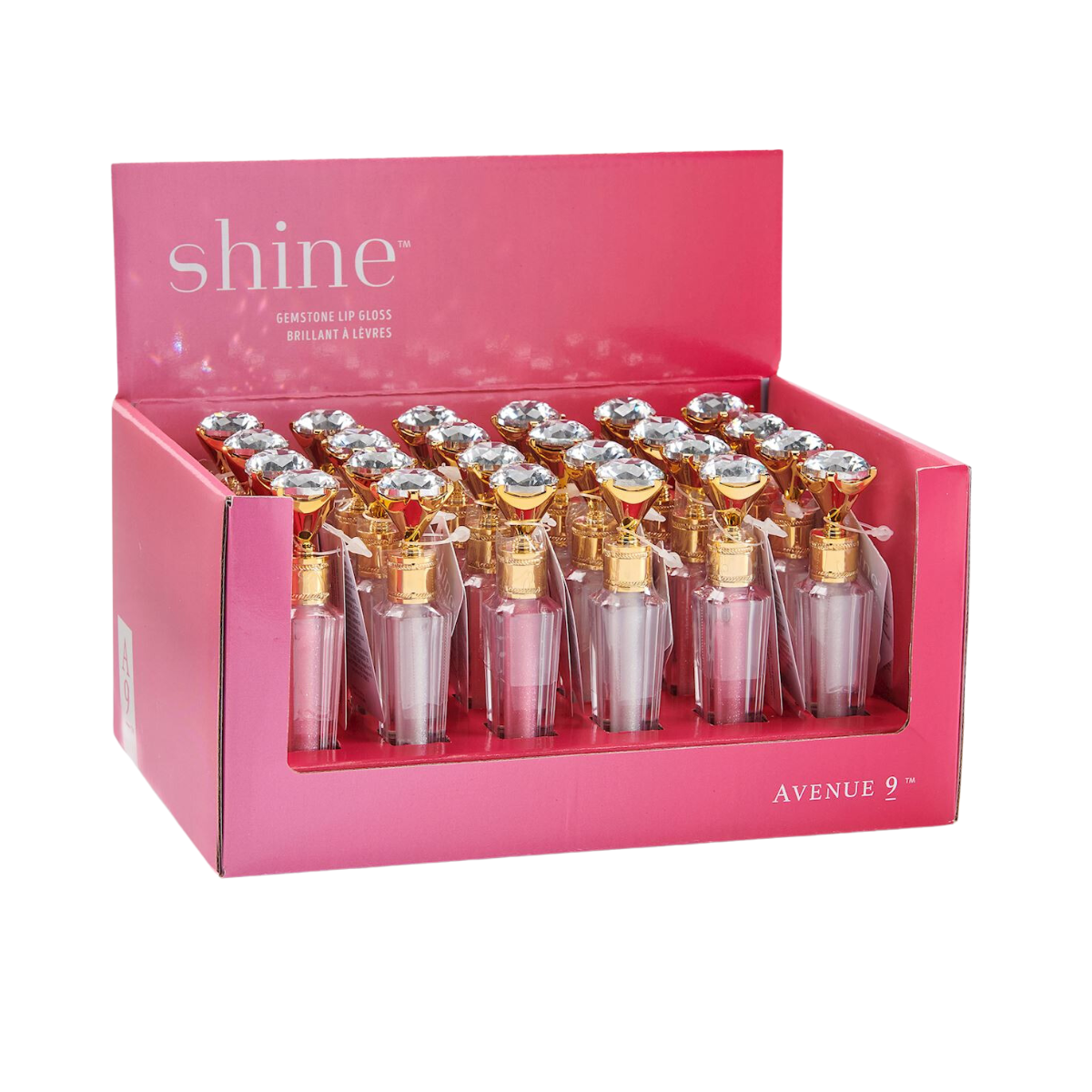 Display box with 24 tubes of Shine Gemstone Lip Gloss. The packaging boasts a luxurious pink and gold design, emblazoned with Avenue 9 branding, delivering a shimmering glossy color that captivates the senses. Please notice that the brand name is GIFTCRAFT.