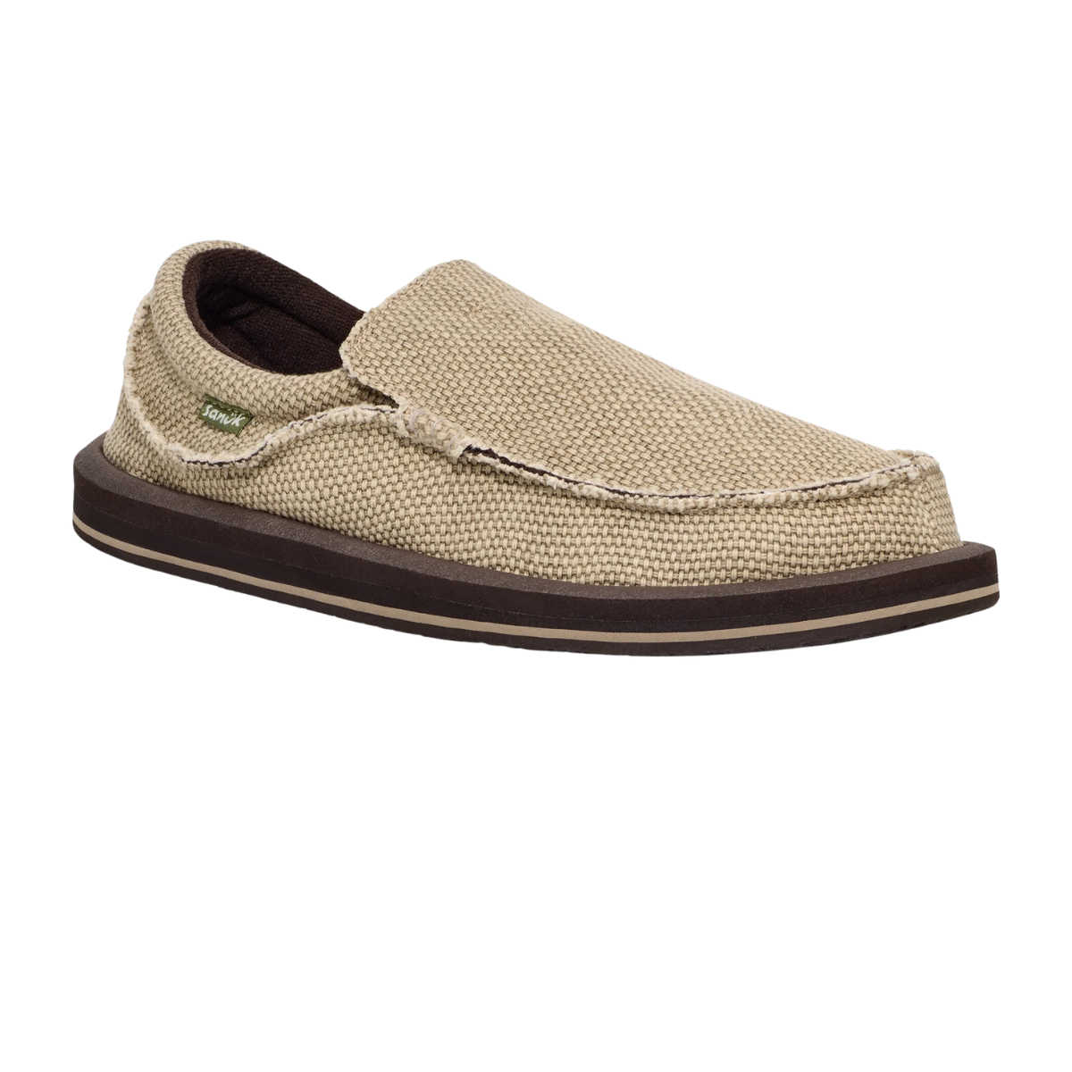 The SANUK/CHIBA/BIG&TALL/TAN by Sanuk - Deckers is a casual slip-on shoe with canvas uppers in beige, complemented by a brown sole and Chiba's Soft Top foam footbeds for extra comfort.