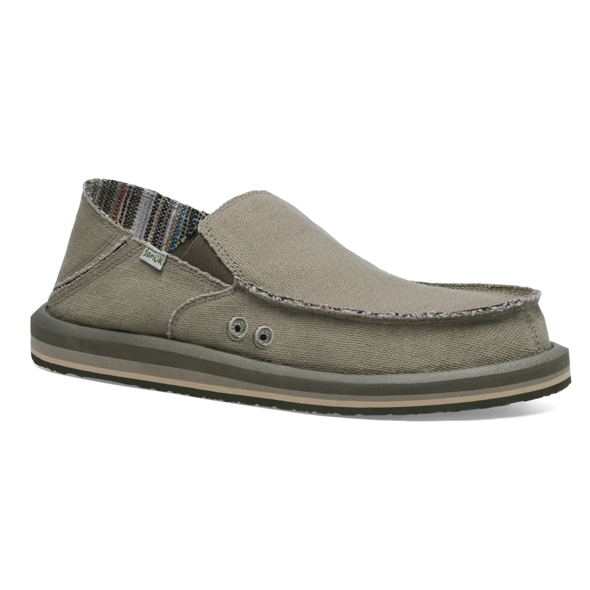 A relaxed Sanuk Vagabond Soft Top slip-on shoe for men, featuring a hemp blend upper and rubber sole in Army color by Sanuk - Deckers, ideal for the laid-back Sidewalk Surfer.