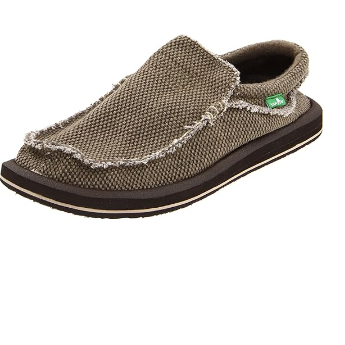 A single SANUK CHIBA BROWN slip-on shoe by Sanuk - Deckers, featuring frayed edges and a textured fabric, rests on a white background. It offers comfort with Soft Top foam footbeds.