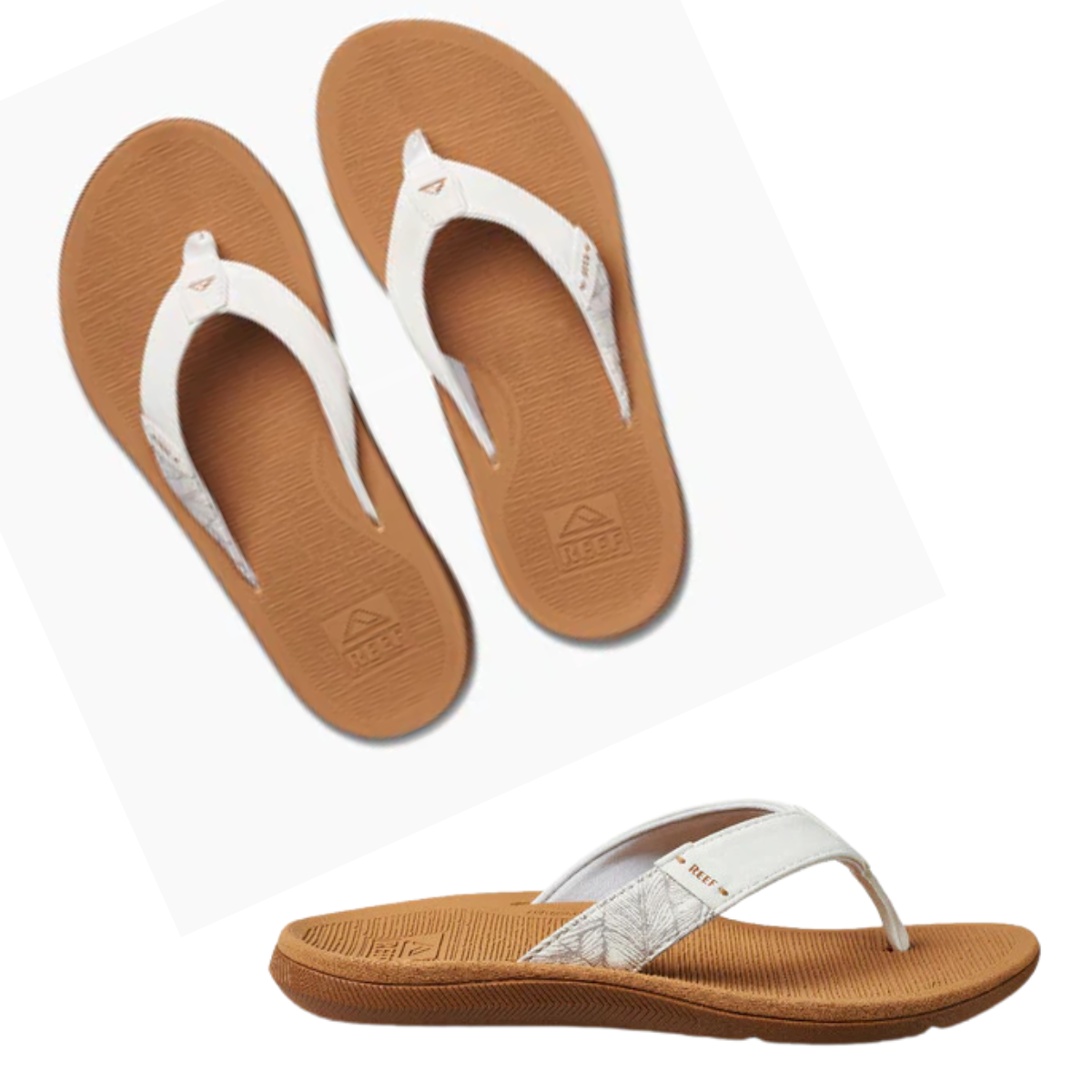The Santa Ana Women's Flip Flops in Cloud by REEF feature brown and white comfort technology, textured soles for optimal arch support, and a triangular logo on the straps, displayed against a white background. Main image