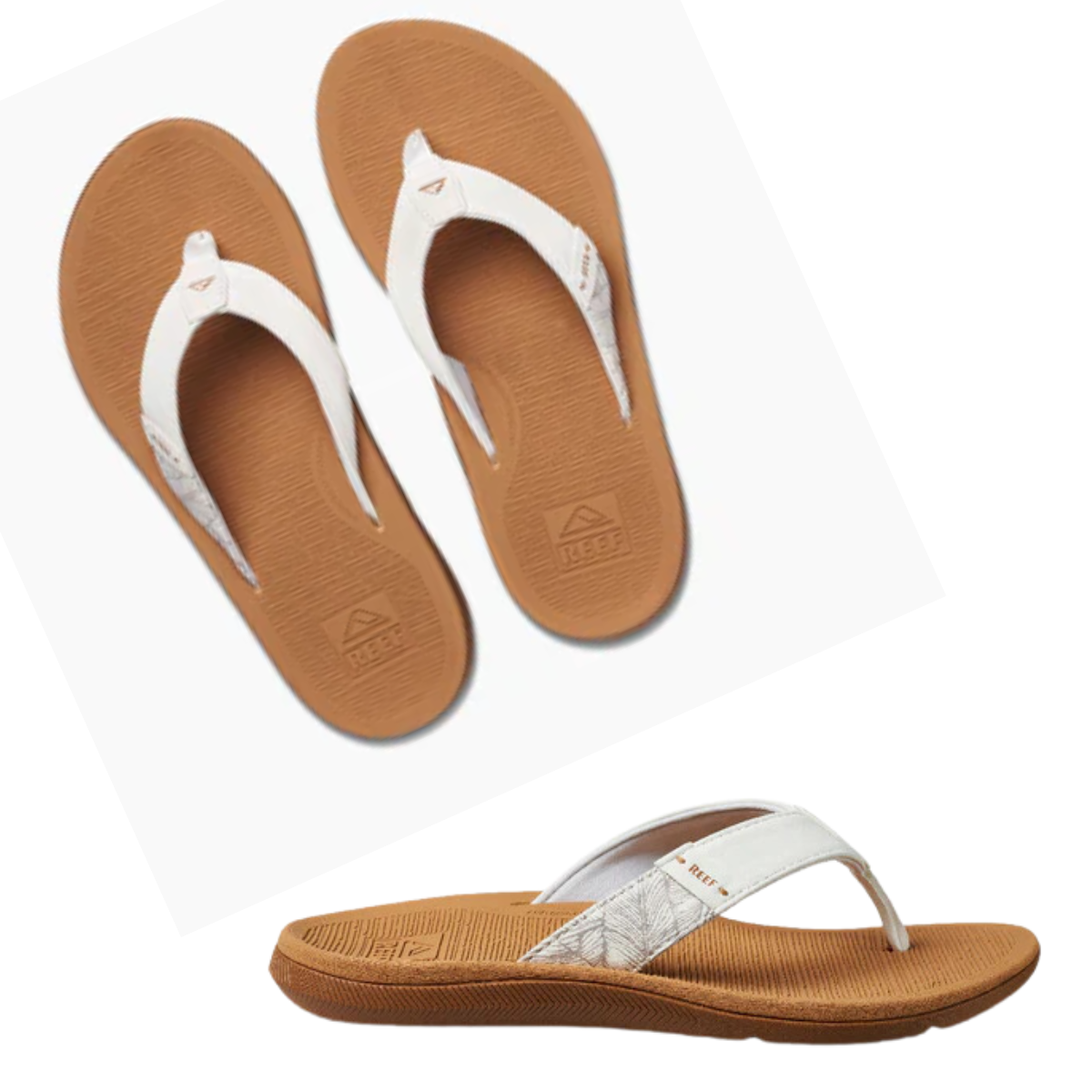 The Santa Ana Women's Flip Flops in Cloud by REEF feature brown and white comfort technology, textured soles for optimal arch support, and a triangular logo on the straps, displayed against a white background.