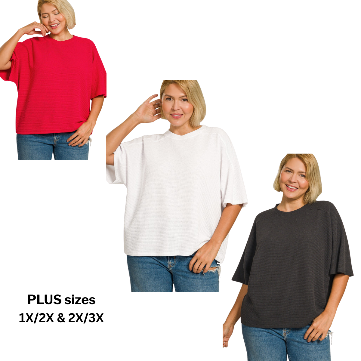A woman models the Zenana Double Knit Short Sleeve Top in red, white, and dark gray with jeans. Available in plus sizes 1X/2X and 2X/3X. Main image