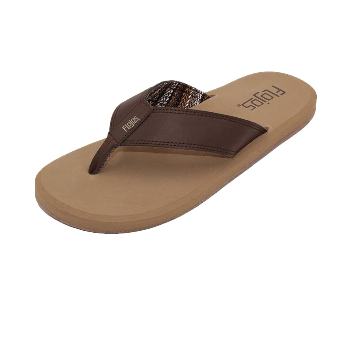 The Cole Men's Leather Thong Flip-Flop by FLOJOS in Tobacco features a brown leather design with a beige sole and woven strap, offering the perfect blend of style and comfort for fashion-conscious individuals.