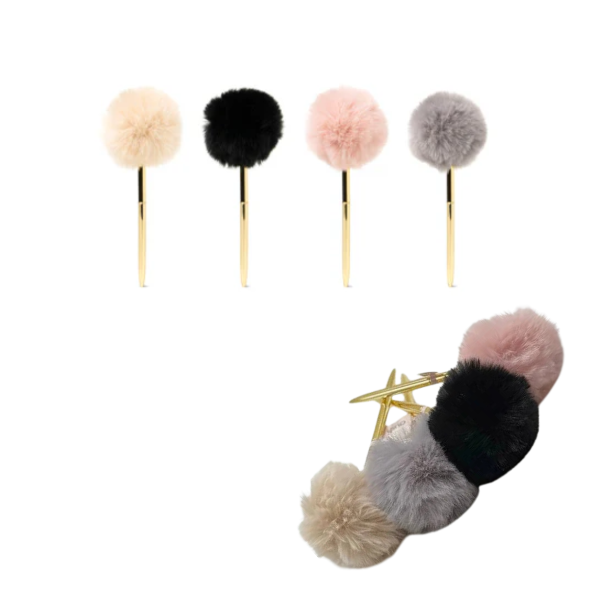 Four stylish POM POM Pens by DM MERCHANDISING INC, featuring beige, black, pink, and gray pom poms on top, are artfully arranged on a white surface. Main image