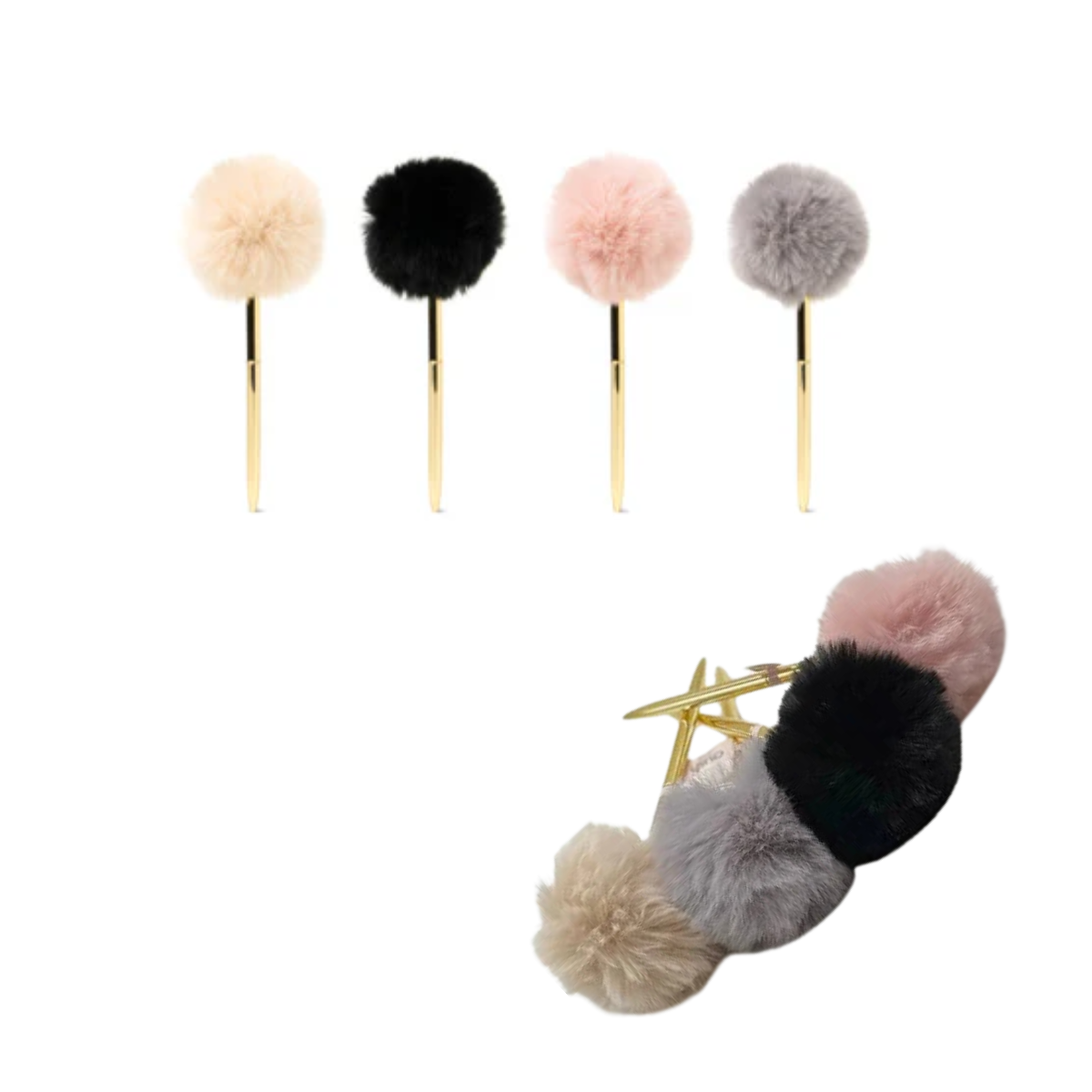 Four stylish POM POM Pens by DM MERCHANDISING INC, featuring beige, black, pink, and gray pom poms on top, are artfully arranged on a white surface.