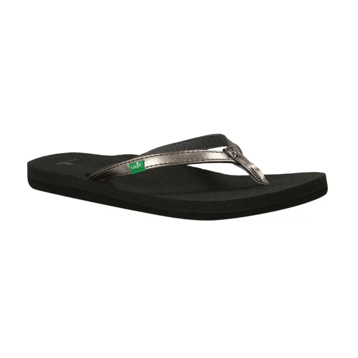 The Yoga Joy flip flop in Pewter by Sanuk is displayed against a white background, showcasing metallic synthetic leather straps and a comfortable yoga mat footbed.