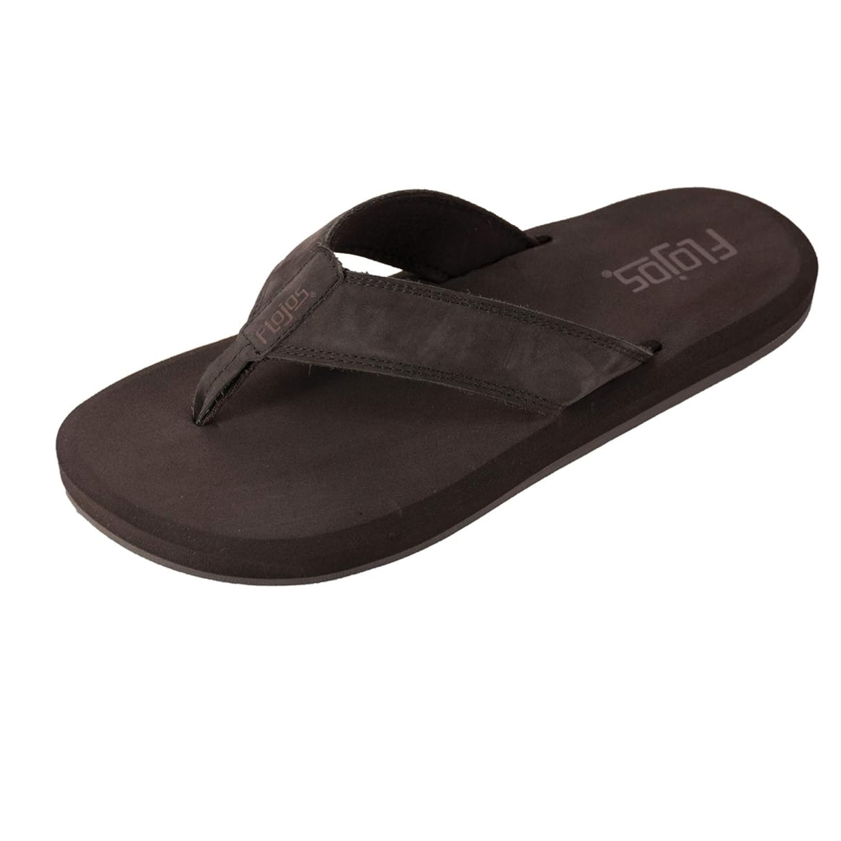 A Cole Men's flip flop in Dark Brown by FLOJOS, featuring a thick strap and textured sole, viewed from an angle.