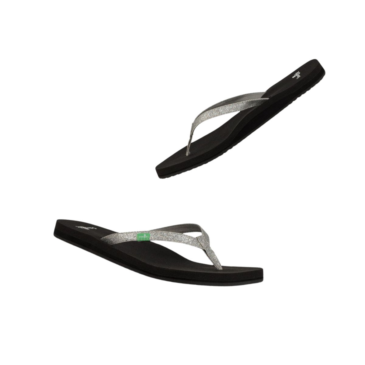 The Yoga Joy Flip Flops in Silver Sparkle by Sanuk, featuring a black base with silver straps, are displayed against a white background. Main image