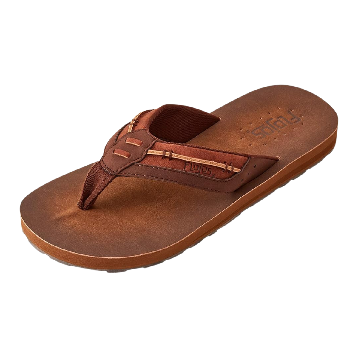 The Trio Men's Flip Flops in Brown by Flojos feature a faux leather design with a thick sole and wide strap, highlighted by a subtle embossed logo and comfortable footbeds.