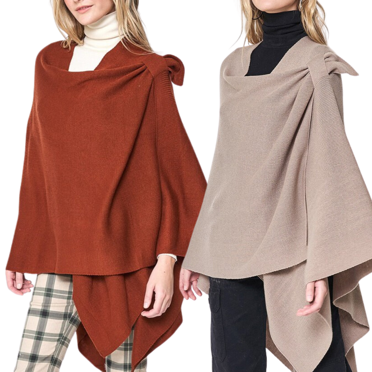 Two women wear the Soft Wrap with Hold Tab by Fashion Go: one in rust and the other in beige. Each wrap showcases a graceful draped design, crafted from soft polyester, and pairs effortlessly with black or plaid pants.