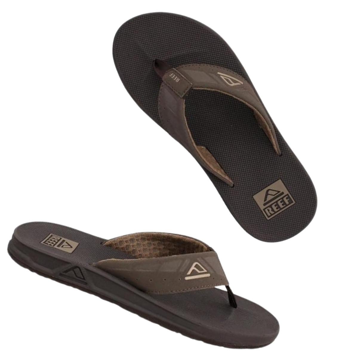 The REEF Phantoms Boys Flip Flops in Vintage Brown feature a textured sole, tan strap, and the Reef logo. Made from lightweight, durable rubber, these water-friendly sandals offer comfort with compression-molded soles.