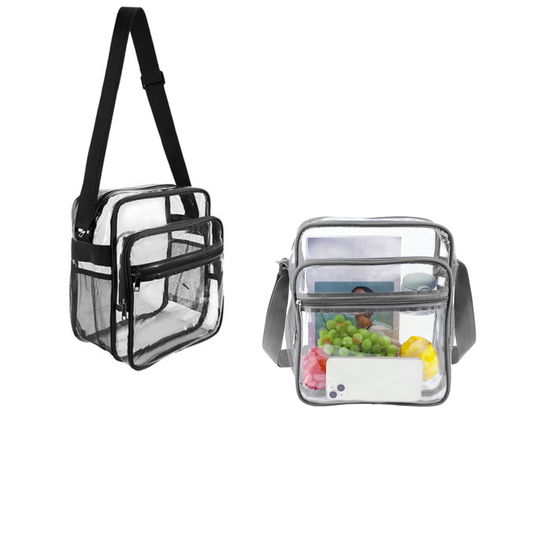 Two Large Square Stadium Bags by Fashion Go are displayed. One is empty with a black strap, while the other showcases its spaciousness, holding a phone, grapes, a book, and small items through its transparent compartments. Available in grey or black.