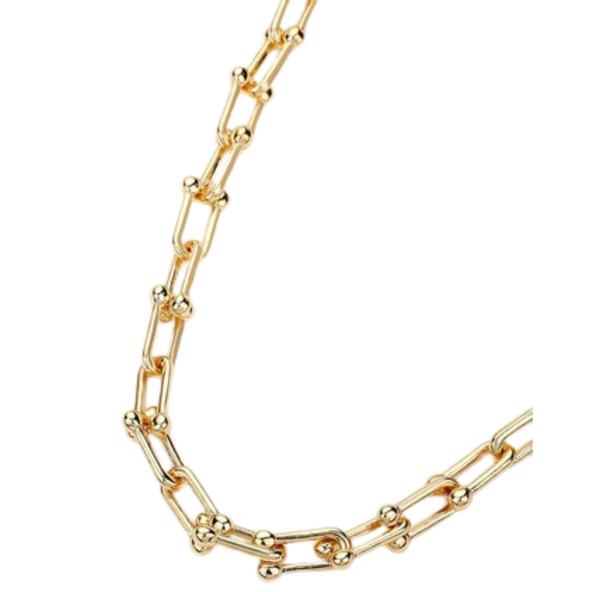 A detailed view of the Chunky Metal Hardware Chain Necklace by Wona Trading, showcasing its gold chain design with elongated links connected by small round beads. The necklace features bold, chunky metal hardware and is lead and nickel compliant for comfort and safety.