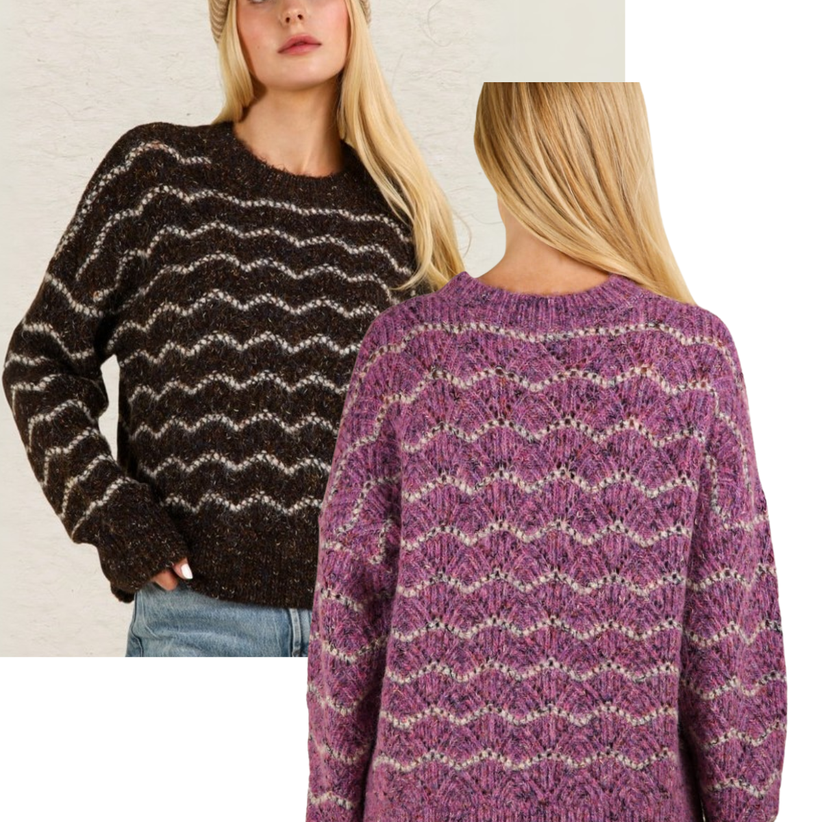 Two images showcase a woman in Fashiongo's ECO Wave Striped Soft Knit Pullover Sweater Top. The left sweater is dark brown, and the right is purple. Both sustainable fashion pieces feature long sleeves and rounded necklines, representing slow fashion.