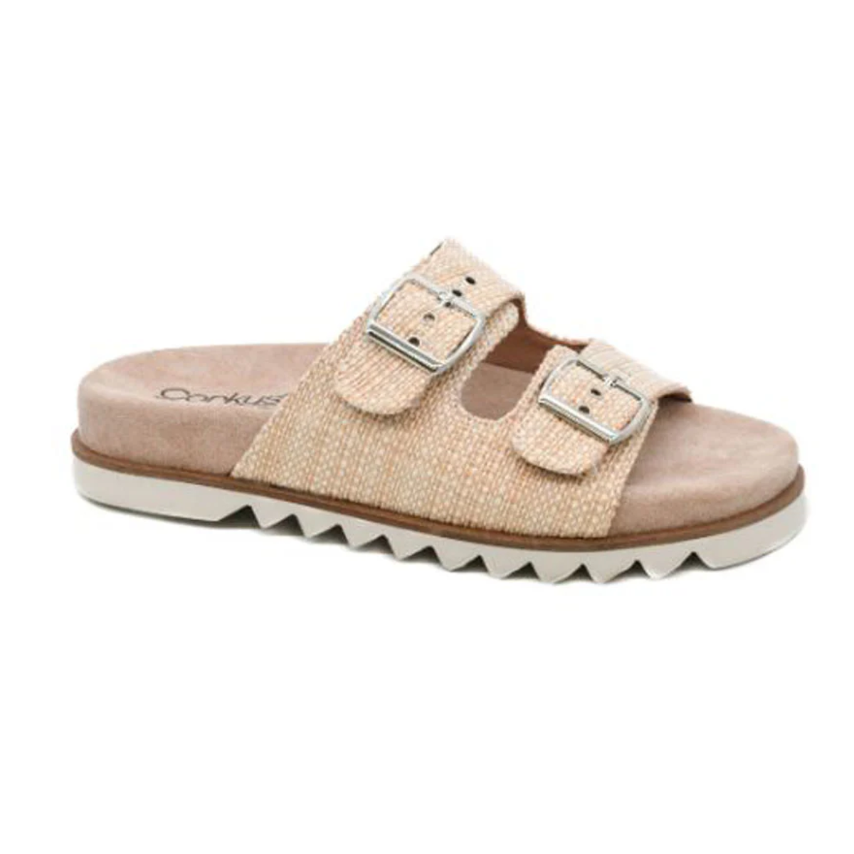 The beige Dash Raffia 2 Buckle Slide Sandal by CORKY'S FOOTWEAR INC features two adjustable straps with metal buckles, arch support, and a wavy white sole.