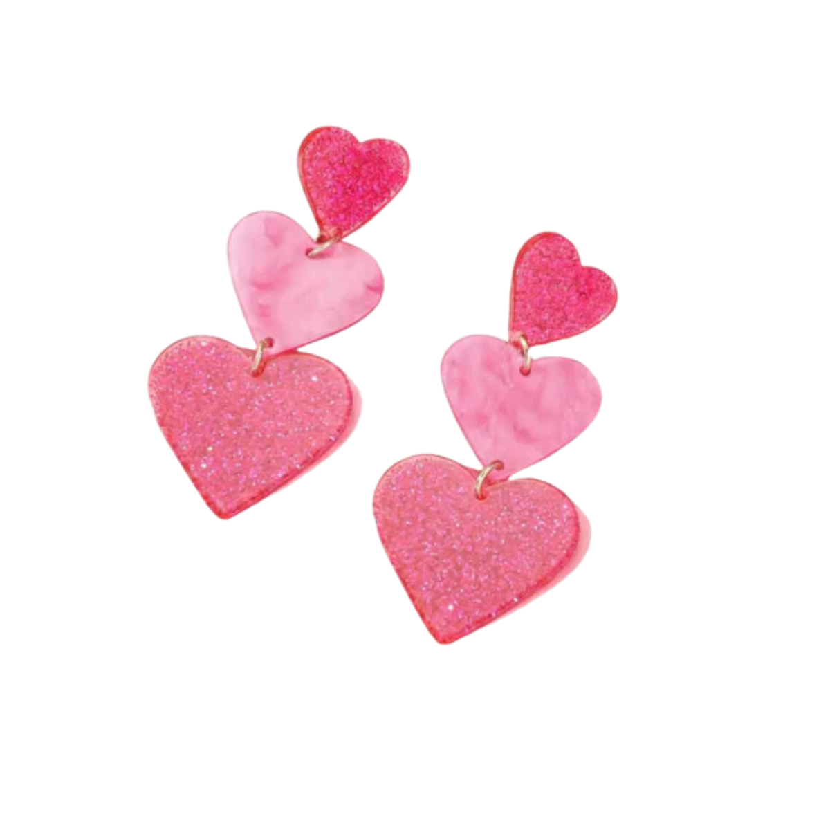 The swaary "String of Hearts Glitter Earrings" feature festive pink and red dangles adorned with glitter resin and marbled heart patterns. Main image