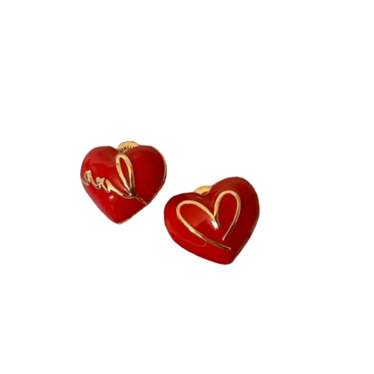 Two shiny red heart-shaped stud earrings by swarry, featuring gold accents, glimmer against a white background, perfectly capturing the charm of Small Heart Earrings in Red.