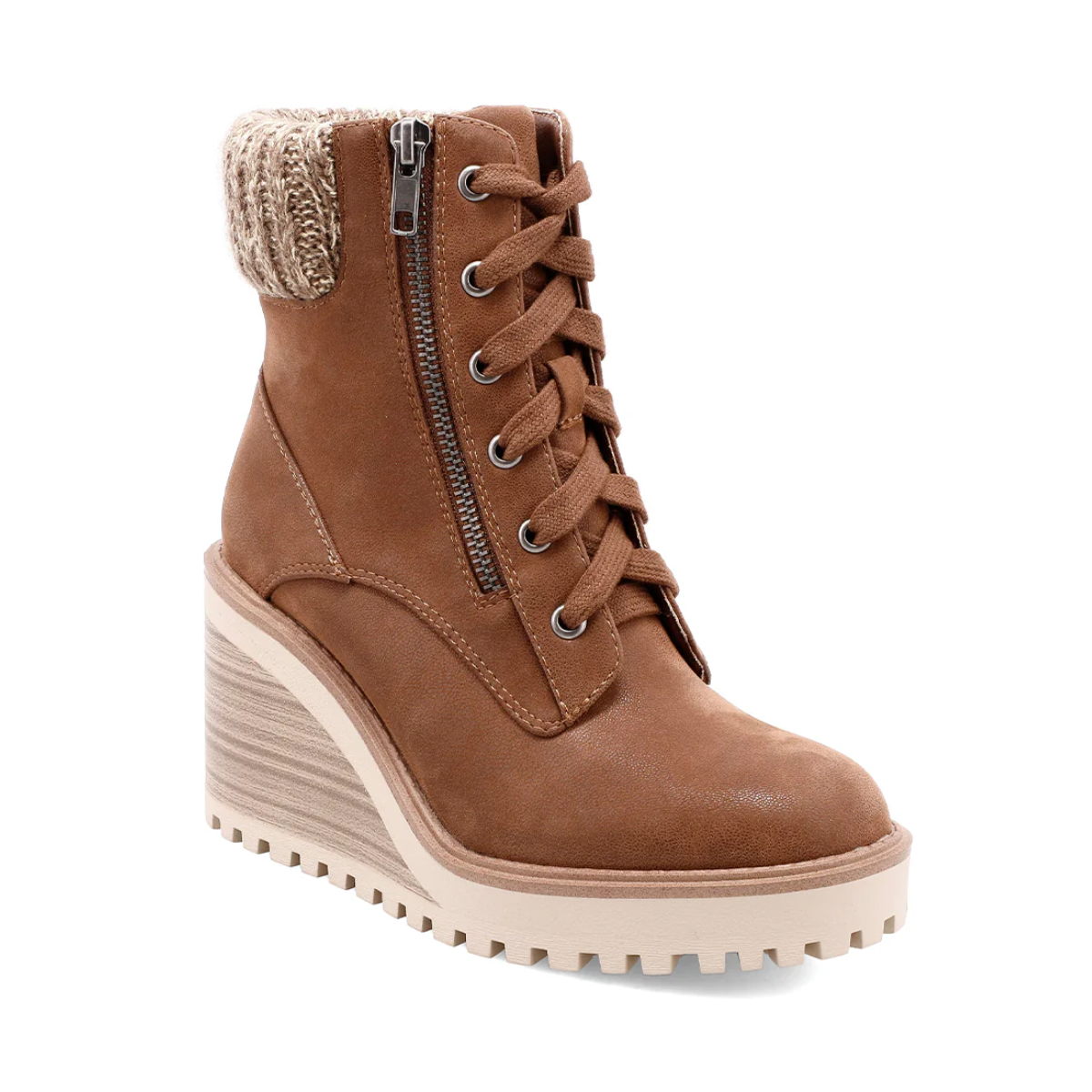 Chaz Wedge Boot in Cognac by MIA features a knit collar, side zipper, lace-up front, and lugged sole. Main image