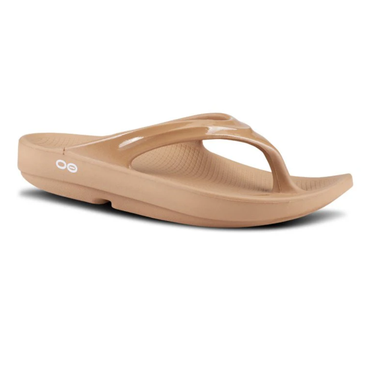 Introducing OOFOS OOLALA Recovery Flip-Flops in Taupe by OOFOS LLC, featuring a patented footbed design for ultimate comfort, cushioned sole, and Y-shaped strap on a white background. Main image