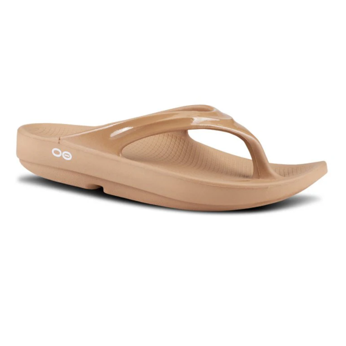 Introducing OOFOS OOLALA Recovery Flip-Flops in Taupe by OOFOS LLC, featuring a patented footbed design for ultimate comfort, cushioned sole, and Y-shaped strap on a white background.