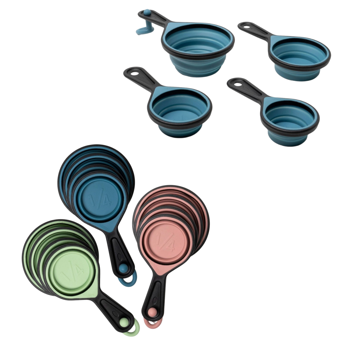 Explore the Krumbs Kitchen Silicone Collapsible Measuring Cups 4pc Set by DM MERCHANDISING INC. Available in vivid blue, pink, and green with handy plastic handles, these dishwasher-safe cups come in multiple sizes for all your cooking needs. Main image