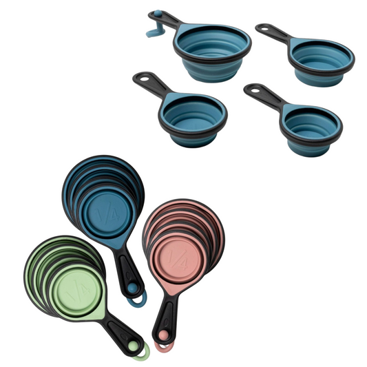 Explore the Krumbs Kitchen Silicone Collapsible Measuring Cups 4pc Set by DM MERCHANDISING INC. Available in vivid blue, pink, and green with handy plastic handles, these dishwasher-safe cups come in multiple sizes for all your cooking needs.