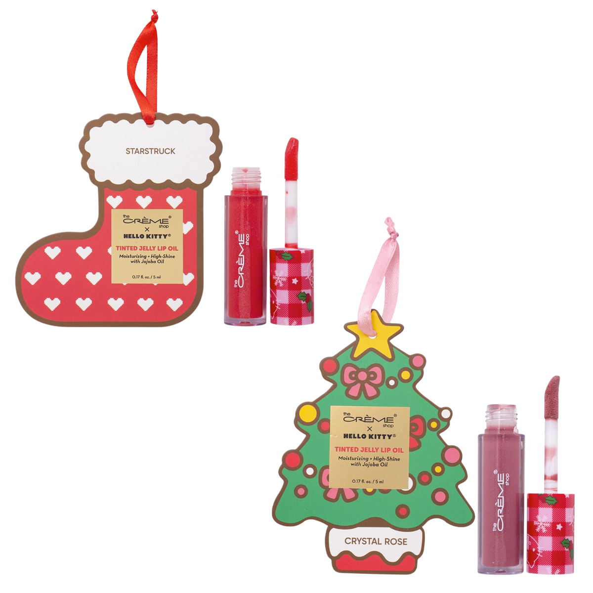 Two FASHION GO Hello Kitty Tinted Jelly Lip Oils in red and pink come in festive packaging shaped like a stocking and Christmas tree. Main image