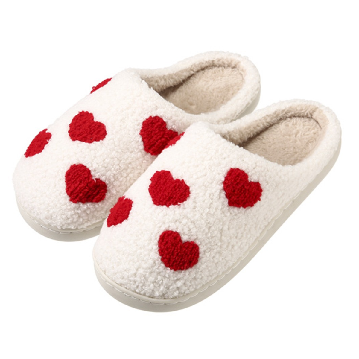 The Valentines Day Red Hearts Slippers by FASHION GO are cozy white slippers adorned with charming red heart patterns, making them the perfect footwear choice. Main image