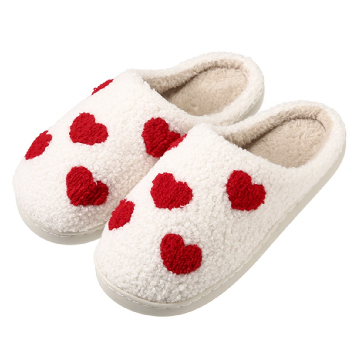 The Valentines Day Red Hearts Slippers by FASHION GO are cozy white slippers adorned with charming red heart patterns, making them the perfect footwear choice.