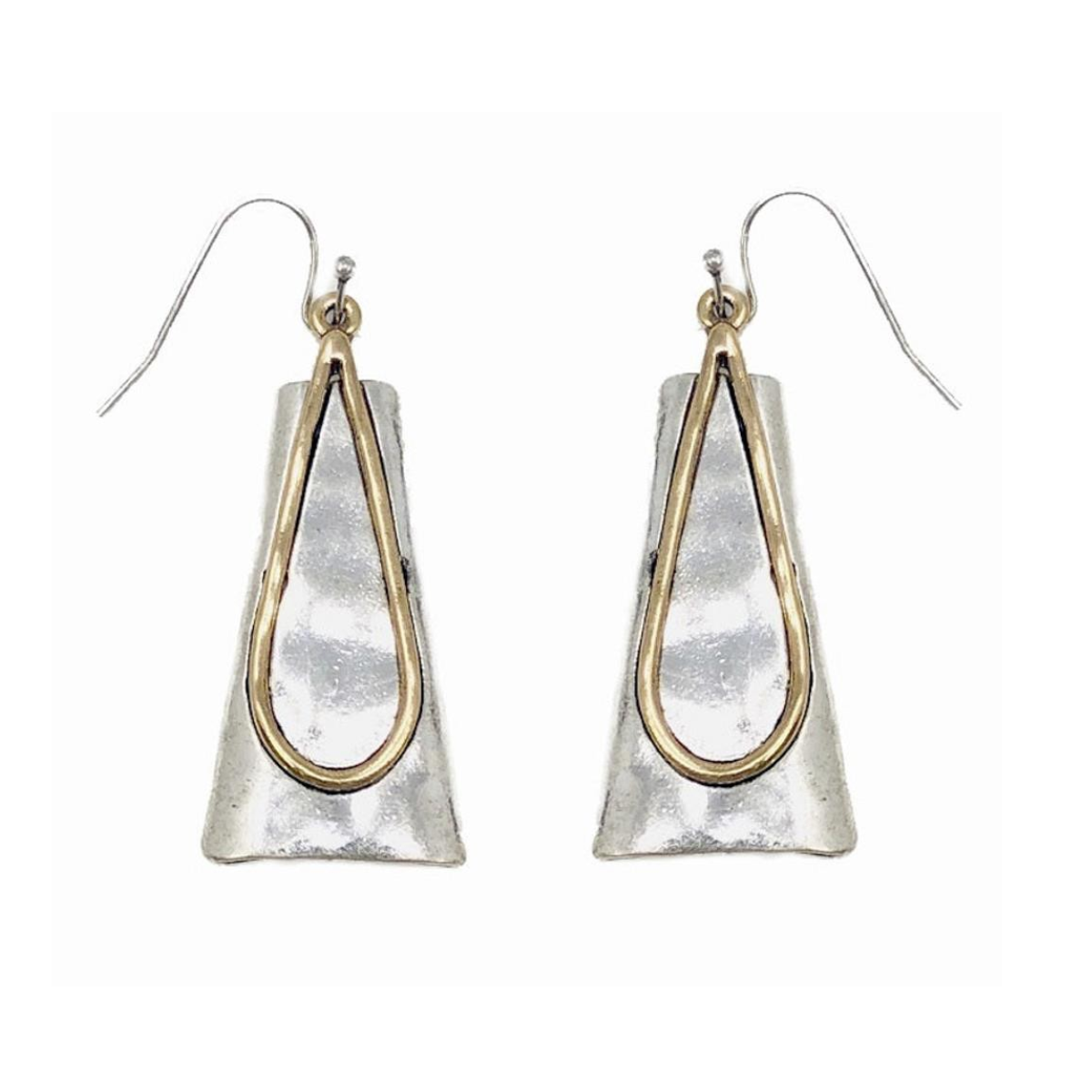 A pair of Artistic Two Tone Dangle Earrings by Fashiongo featuring teardrop designs with silver and gold accents.