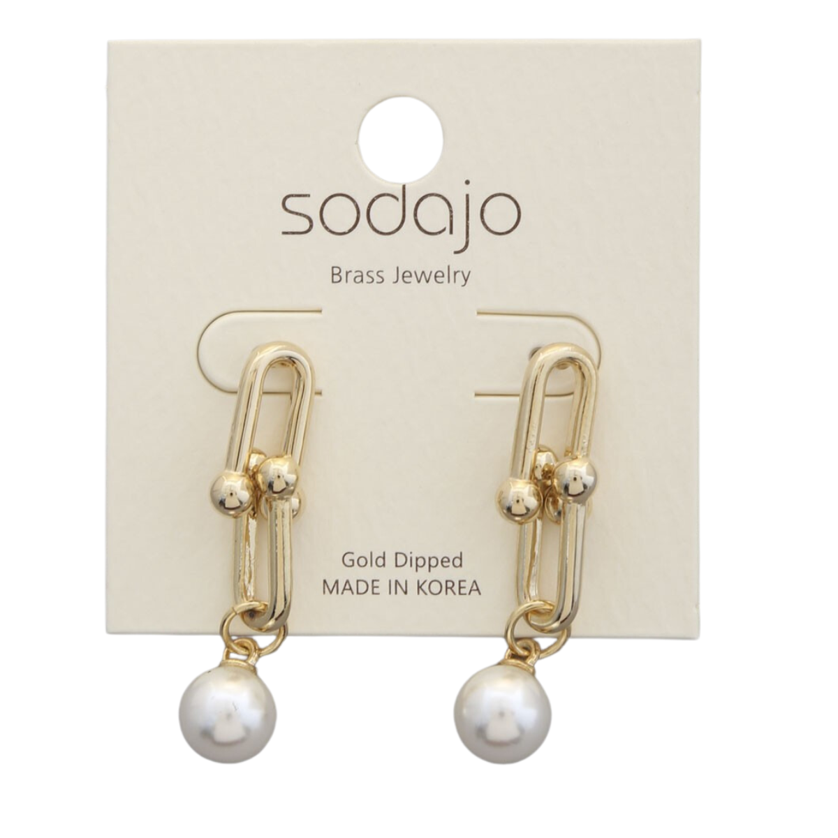 Fashiongo's U Shape Pearl Drop Gold Dipped Earrings showcase a paperclip design with dangling pearls, made in Korea.