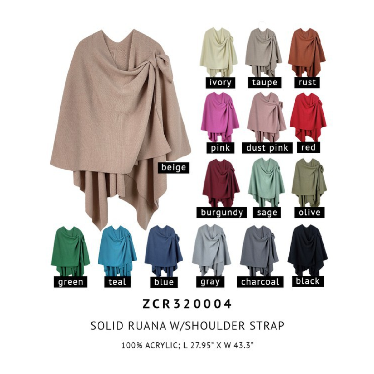 FASHION GO's Soft Solid Color Ruana with Strap Hold is available in a variety of colors, including beige, ivory, taupe, rust, pink, red, burgundy, sage, and more. Made from 100% acrylic with dimensions L 27.95" x W 43.3". Main image